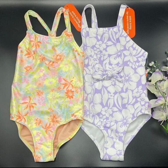 Girls Yellow Floral & Hibiscus Bathing Suit Swimsuit 1-Piece 2-Pack Size XS 4/5 - Picture 1 of 7